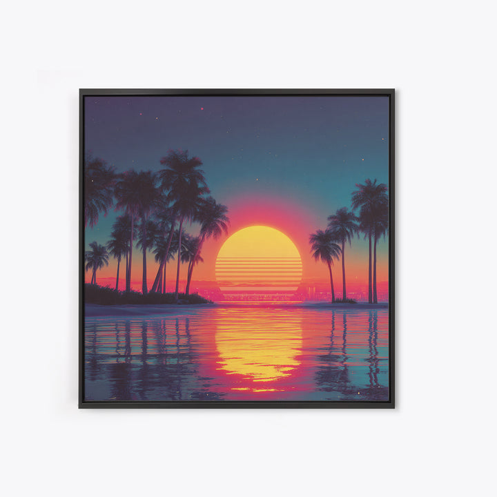 Dreamy Neon Palm Tree Sunset Beach Wall Art, Retro Coastal Landscape, Vibrant Summer Canvas Print Decor