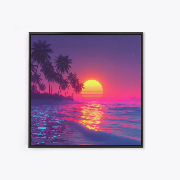 Neon Pink Beach Sunset Wall Art, Tropical Palm Tree Ocean Horizon Canvas Print, Coastal Summer Decor, Vibrant Seascape