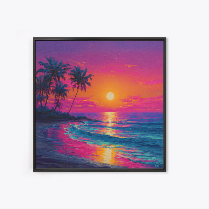 Vibrant Moonrise Beach Canvas Print, Colorful Tropical Ocean Wall Art, Coastal Sunset Painting For Bedroom Or Beach House