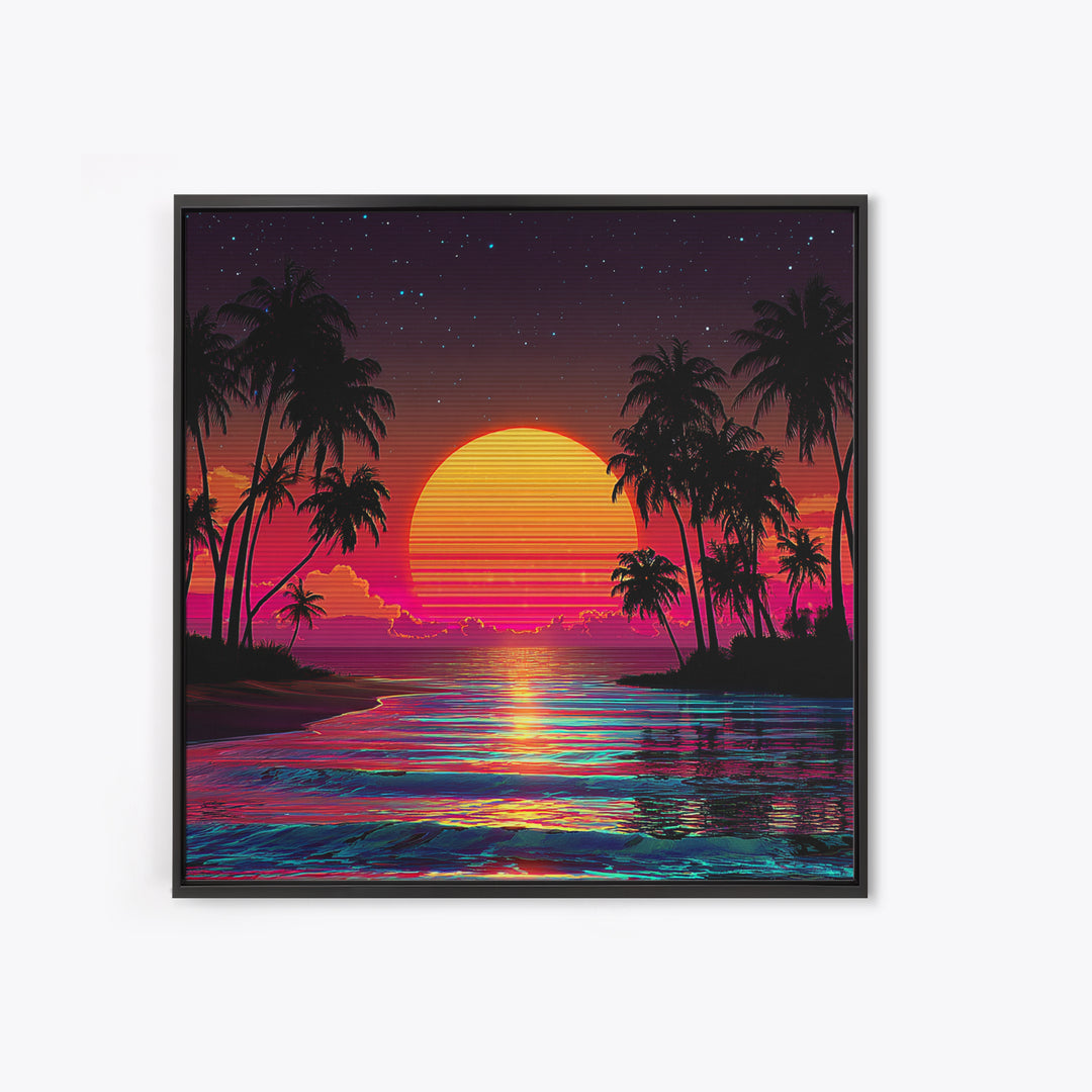 Neon Tropical Sunset Beach With Palm Trees Wall Art, Retro Coastal Print, Vibrant Summer Home Decor, Modern Canvas Print