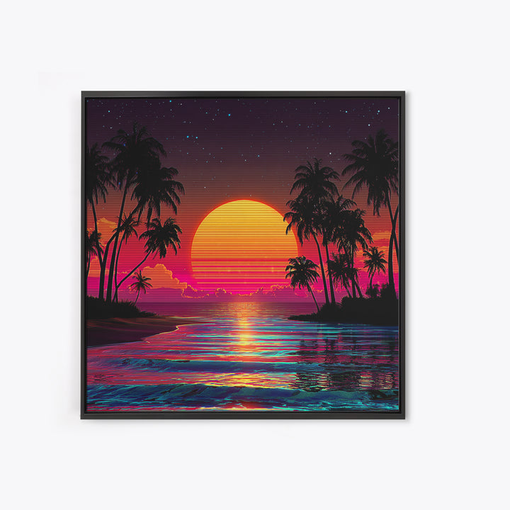 Neon Tropical Sunset Beach With Palm Trees Wall Art, Retro Coastal Print, Vibrant Summer Home Decor, Modern Canvas Print