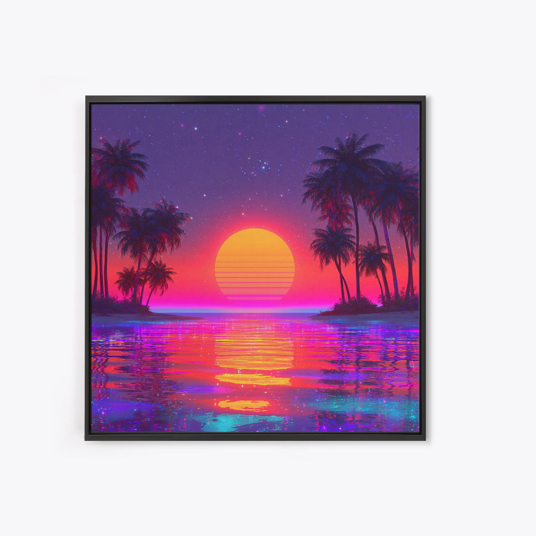 Vibrant Neon Tropical Sunset Beach Wall Art, Retro Wave Palm Landscape Canvas Print, Colorful Coastal Room Decor