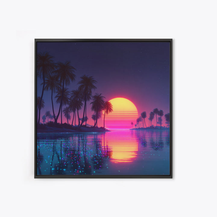 Sparkling Lagoon Neon Sunset With Palm Trees Wall Art, Retro Tropical Home Decor, Colorful Coastal Canvas Print