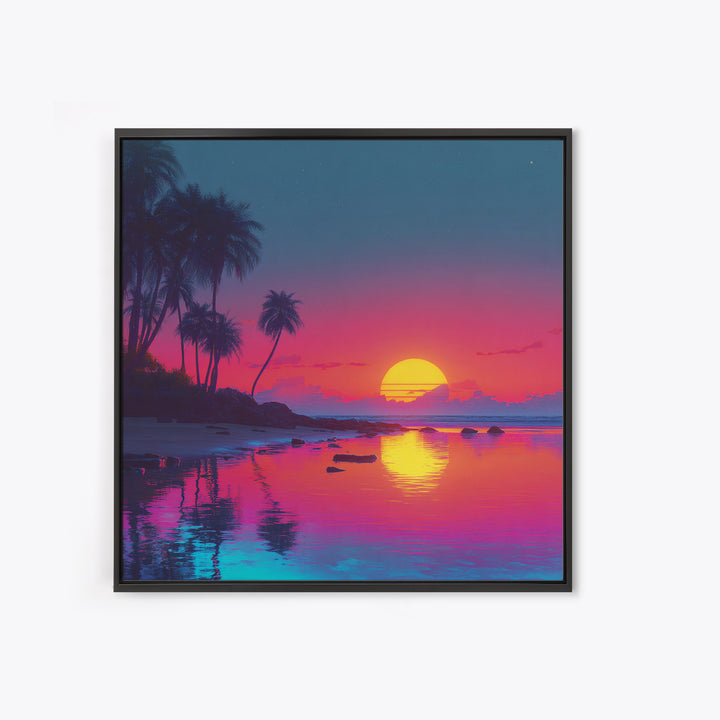 Neon Tropical Sunset Beach Wall Art, Vibrant Coastal Landscape Art Print, Modern Coastal Decor Canvas Print For Living Room