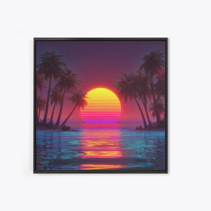 Vaporwave Tropical Sunset Beach Wall Art Canvas Print, Neon Coastal Landscape For Gaming Room And Modern Home Decor