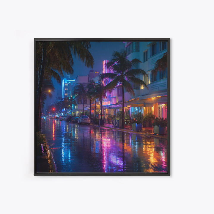 Neon Rainy City Street At Night Wall Art, Colorful Modern Urban Photography Print, Living Room Decor, Large Canvas Print