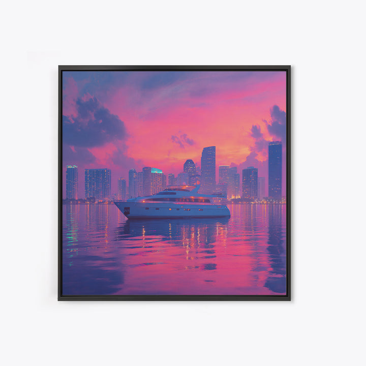 Luxury Yacht City Skyline At Sunset Wall Art, Modern Coastal Cityscape Canvas Print, Pink Sky Nautical Decor For Office Or Living Room