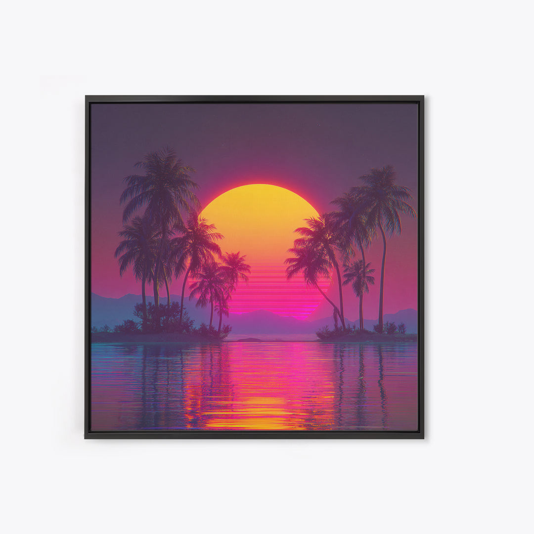 Neon Tropical Island Sunset Wall Art, Retro Synthwave Beach Landscape, Vibrant Coastal Decor, Modern Living Room Canvas Print