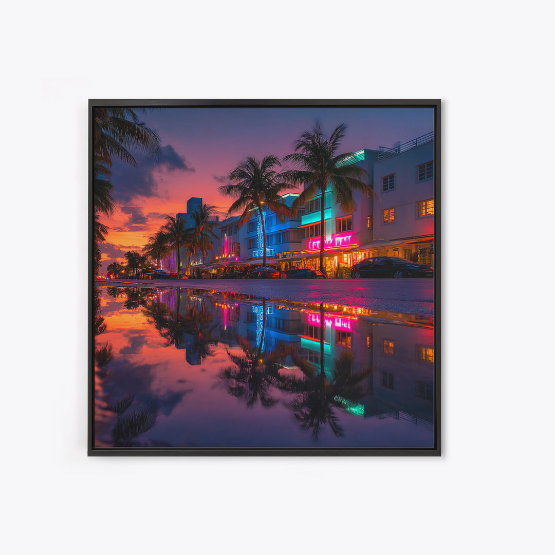 Miami Neon Night Cityscape Wall Art, Colorful South Beach Photography Print, Modern Urban Wall Decor Framed Canvas Print