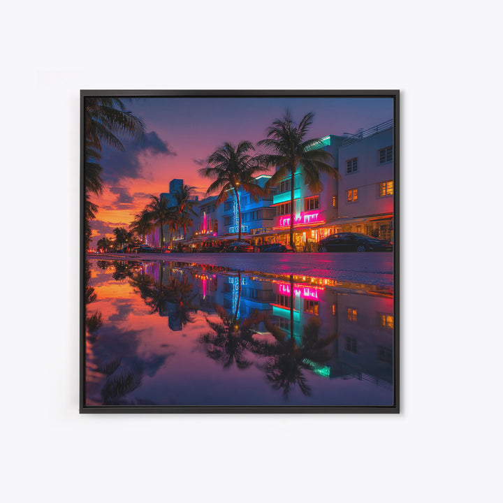 Miami Neon Night Cityscape Wall Art, Colorful South Beach Photography Print, Modern Urban Wall Decor Framed Canvas Print