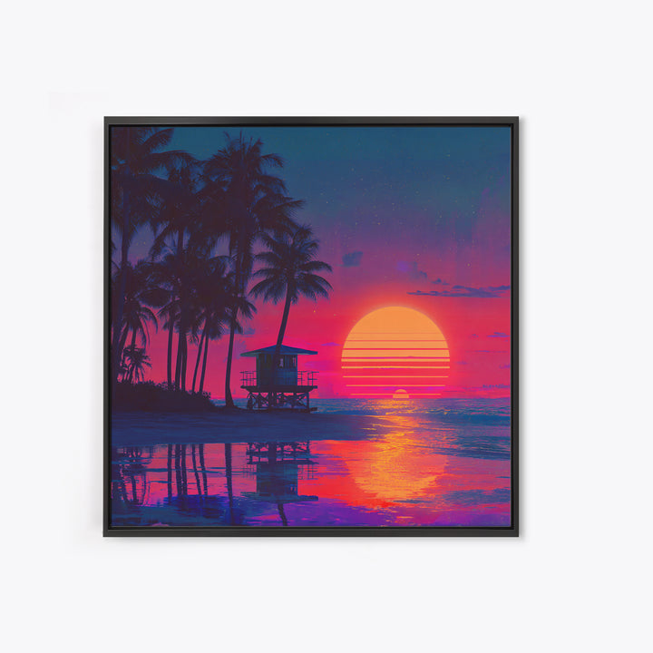 Tropical Neon Sunset Beach Canvas Print, Retro Coastal Wall Art, Palm Tree Ocean Decor Vibrant Living Room Wall Art