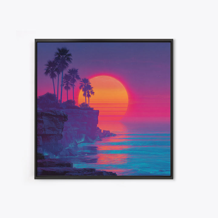 Neon Tropical Sunset Cliff Wall Art, Retro Coastal Ocean Canvas Print For Modern Coastal Decor And Vibrant Living Room