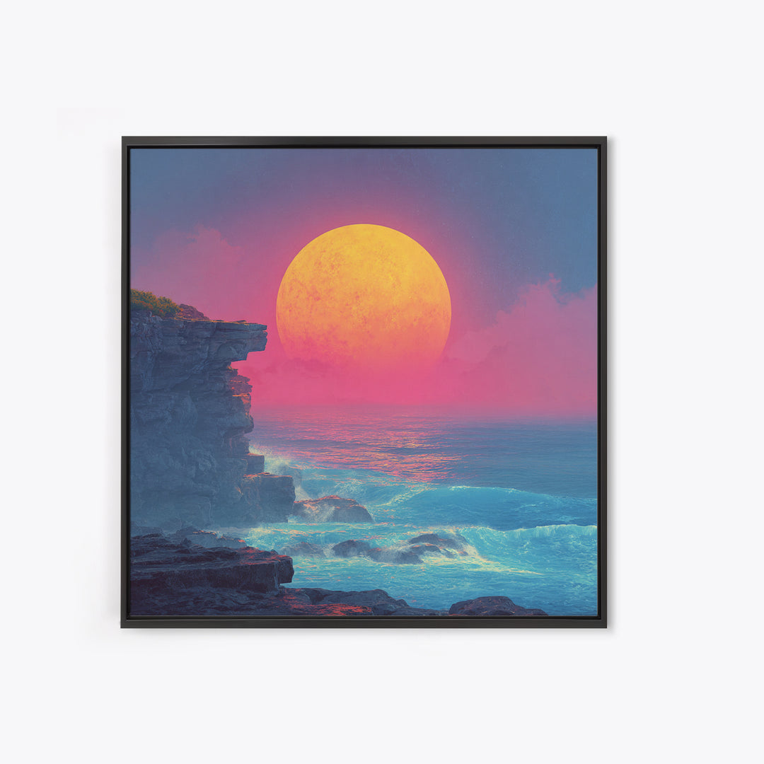 Surreal Neon Moon Over Ocean Cliff Painting Wall Art, Colorful Fantasy Seascape Print, Modern Coastal Abstract Decor