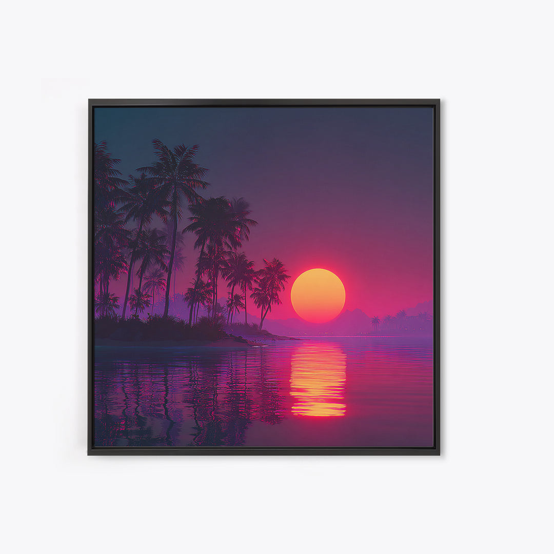 Neon Tropical Sunset Palm Tree Beach Wall Art, Vibrant Retro Coastal Landscape Canvas Print Home Decor