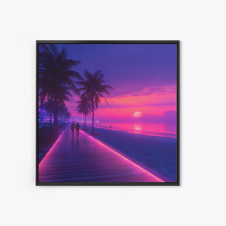 Neon Pink Boardwalk Beach Sunset Wall Art Retro Coastal Vibes Colorful Modern Home Decor Large Canvas Print Living Room Wall Art
