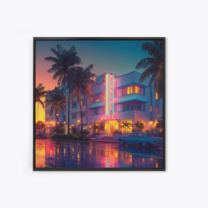 Miami Art Deco Hotel Night Cityscape Wall Art, Neon Coastal Canvas Print, Retro Urban Home Decor For Living Room