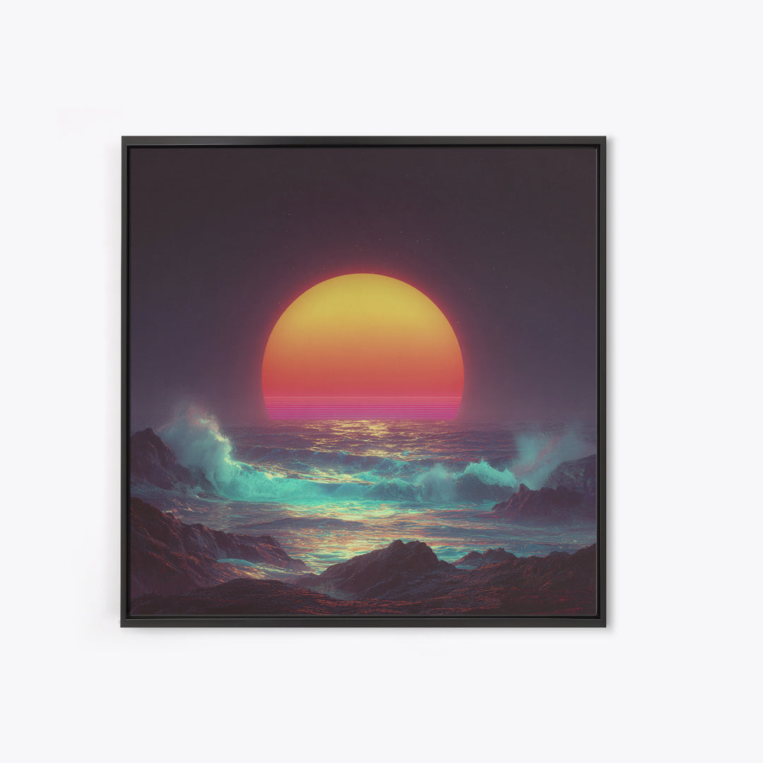 Vibrant Neon Ocean Sunset Waves Night Sky Wall Art Canvas Print Modern Coastal Decor Beach House Living Room Wall Art
