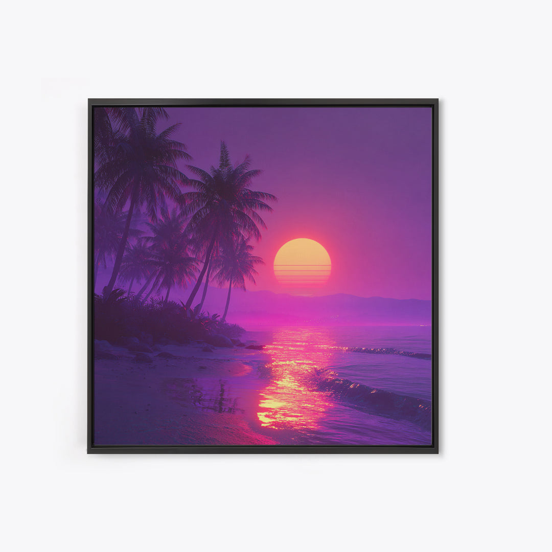 Neon Tropical Beach Sunset Wall Art, Vaporwave Palm Trees Canvas Print, Coastal Retro Ocean Art For Bedroom Or Living Room Decor