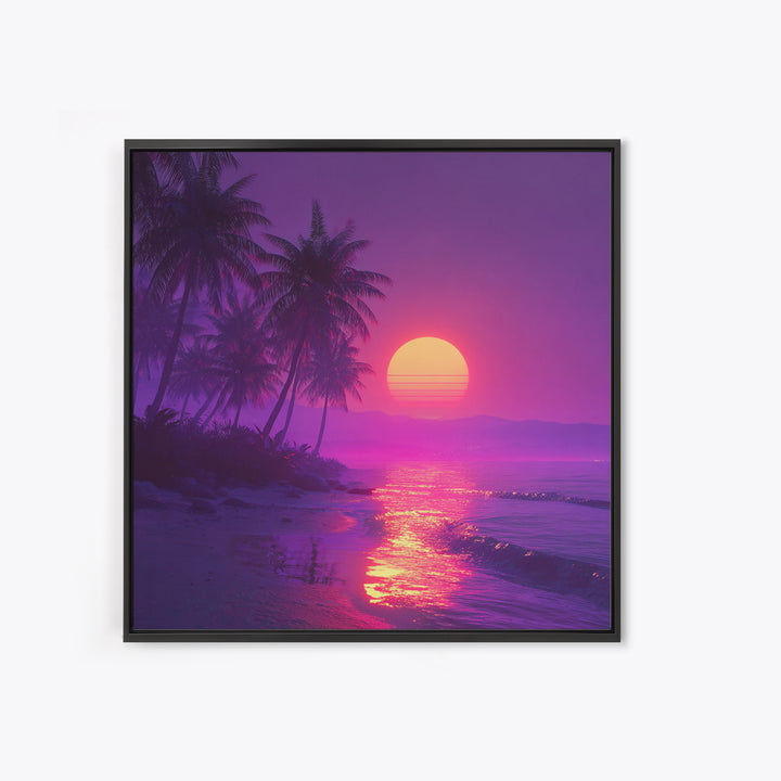 Neon Tropical Beach Sunset Wall Art, Vaporwave Palm Trees Canvas Print, Coastal Retro Ocean Art For Bedroom Or Living Room Decor