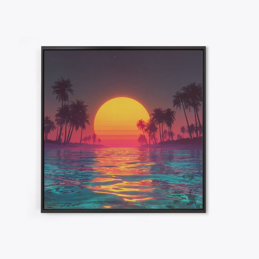 Neon Sunset Palm Beach Wall Art For Coastal Home Decor, Retro Tropical Ocean Canvas Print, Modern Coastal Wall Art