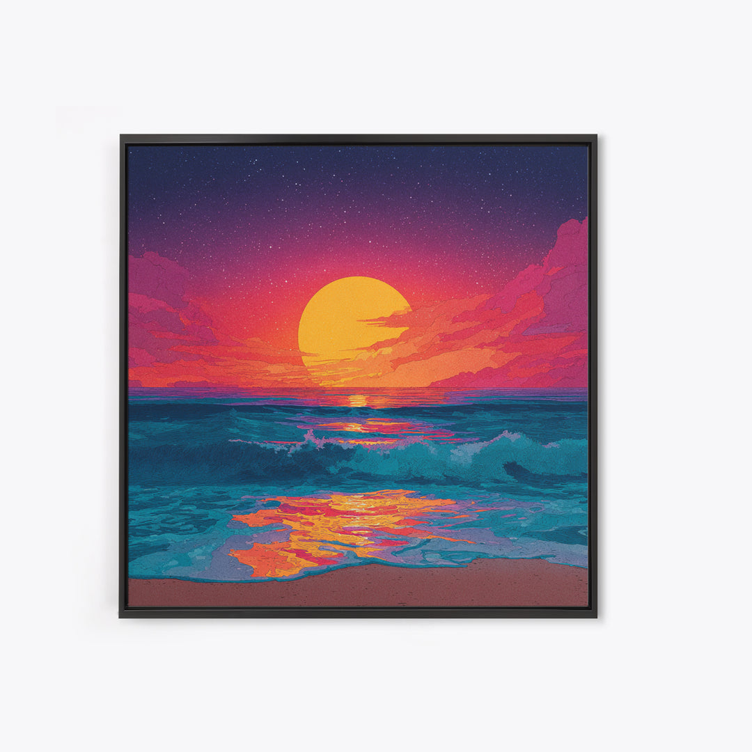 Colorful Ocean Sunset Waves Wall Art, Retro Beach Canvas Print, Modern Coastal Decor, Vibrant Seascape Living Room Art