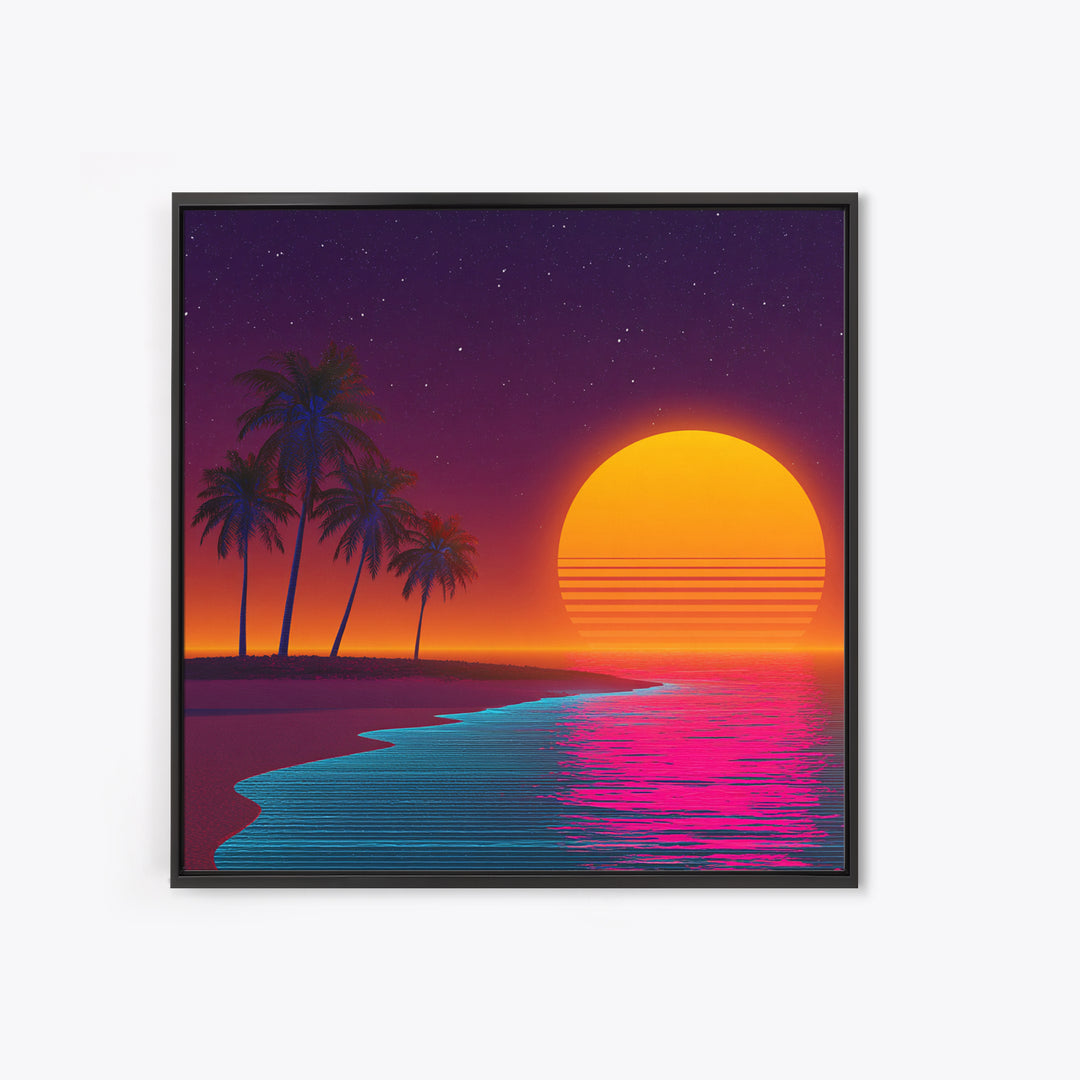 Neon Island Sunset Palm Tree Canvas Print, Retro Tropical Beach Wall Art, Bold Synthwave Coastal Decor, Colorful Bedroom Wall Art