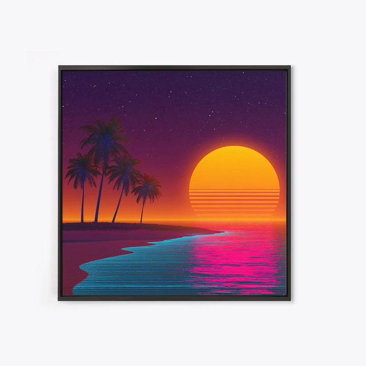 Neon Island Sunset Palm Tree Canvas Print, Retro Tropical Beach Wall Art, Bold Synthwave Coastal Decor, Colorful Bedroom Wall Art