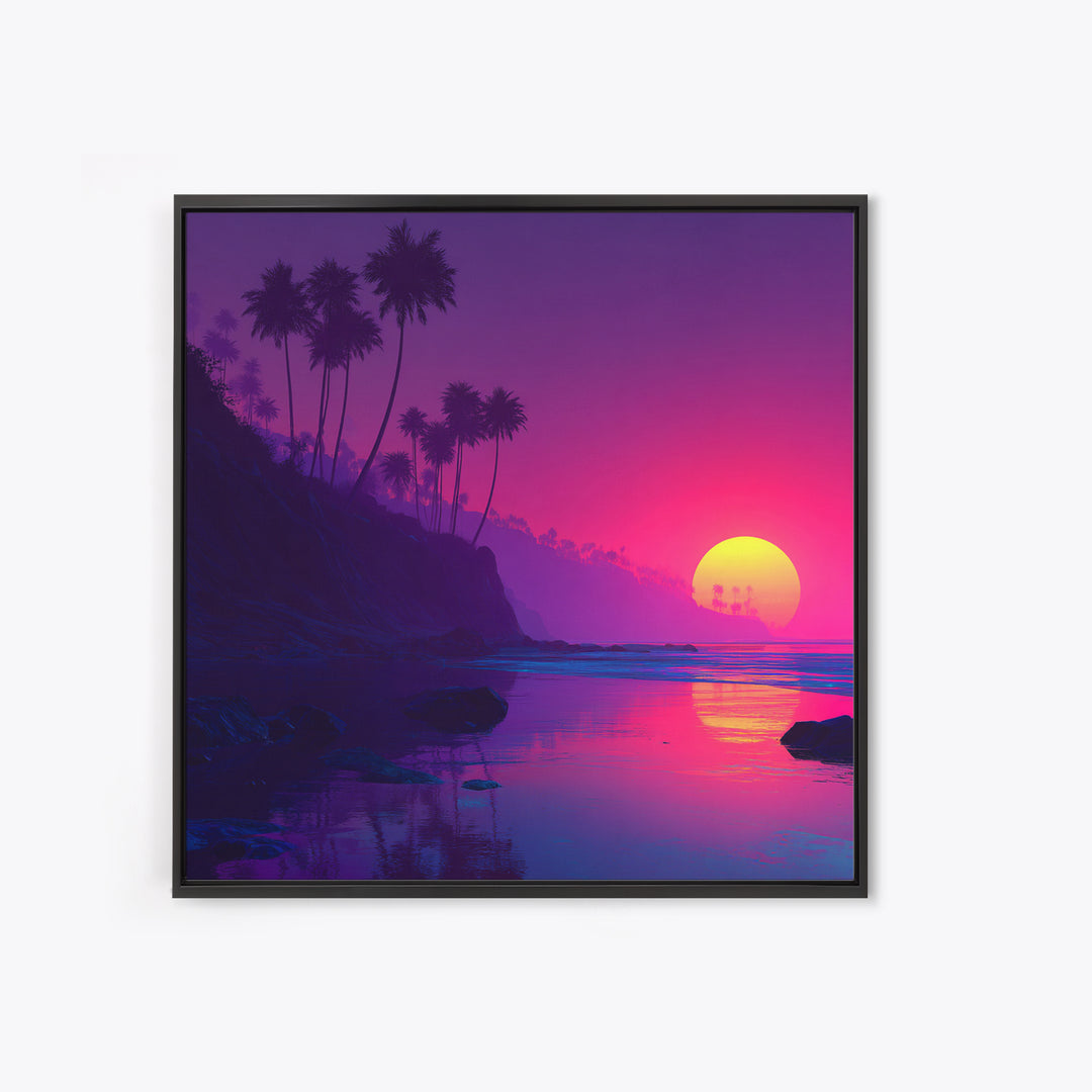 Neon Sunset Tropical Beach Wall Art, Vibrant Palm Tree Coastal Canvas Print For Modern Coastal Home And Bedroom Decor