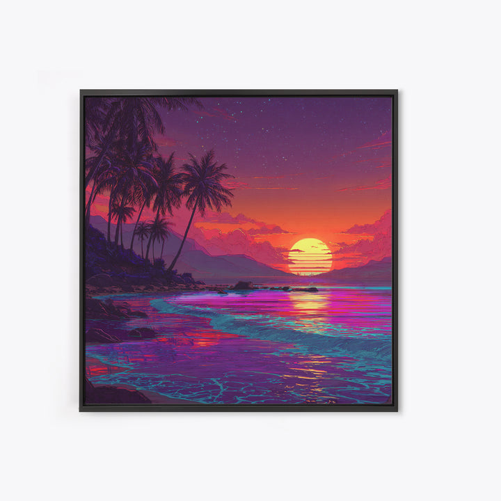 Neon Tropical Beach Sunset Wall Art, Vibrant Ocean Landscape Canvas Print, Retro Coastal Decor, Modern Living Room Wall Decor