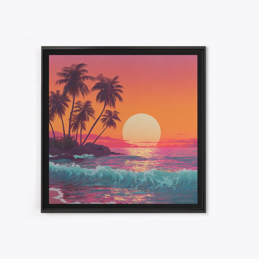 Retro Tropical Sunset Wall Art, Pink And Orange Beach Canvas Print, Aesthetic Coastal Decor For Bedroom