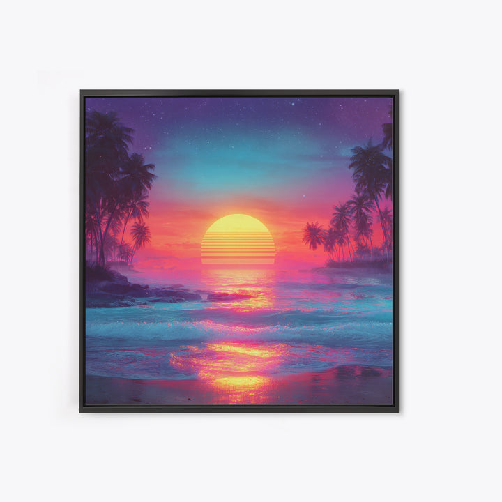 Neon Tropical Sunset Beach Wall Art, Retro Ocean Landscape Canvas Print, Coastal Home Decor, Modern Abstract Seascape