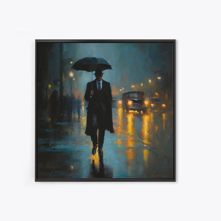 Noir Gentleman With Umbrella In Rainy City Wall Art, Moody Oil Painting Print, Dark Academia Office Decor, Gift For Him