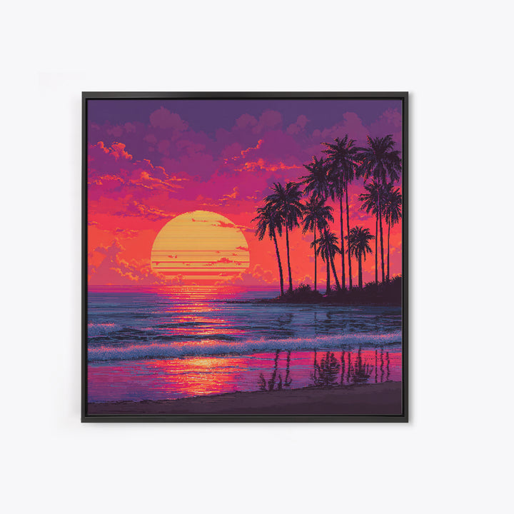 Pixel Art Tropical Sunset Beach Wall Art, Retro 8 Bit Palm Landscape Canvas Print, Colorful Gaming Room Decor