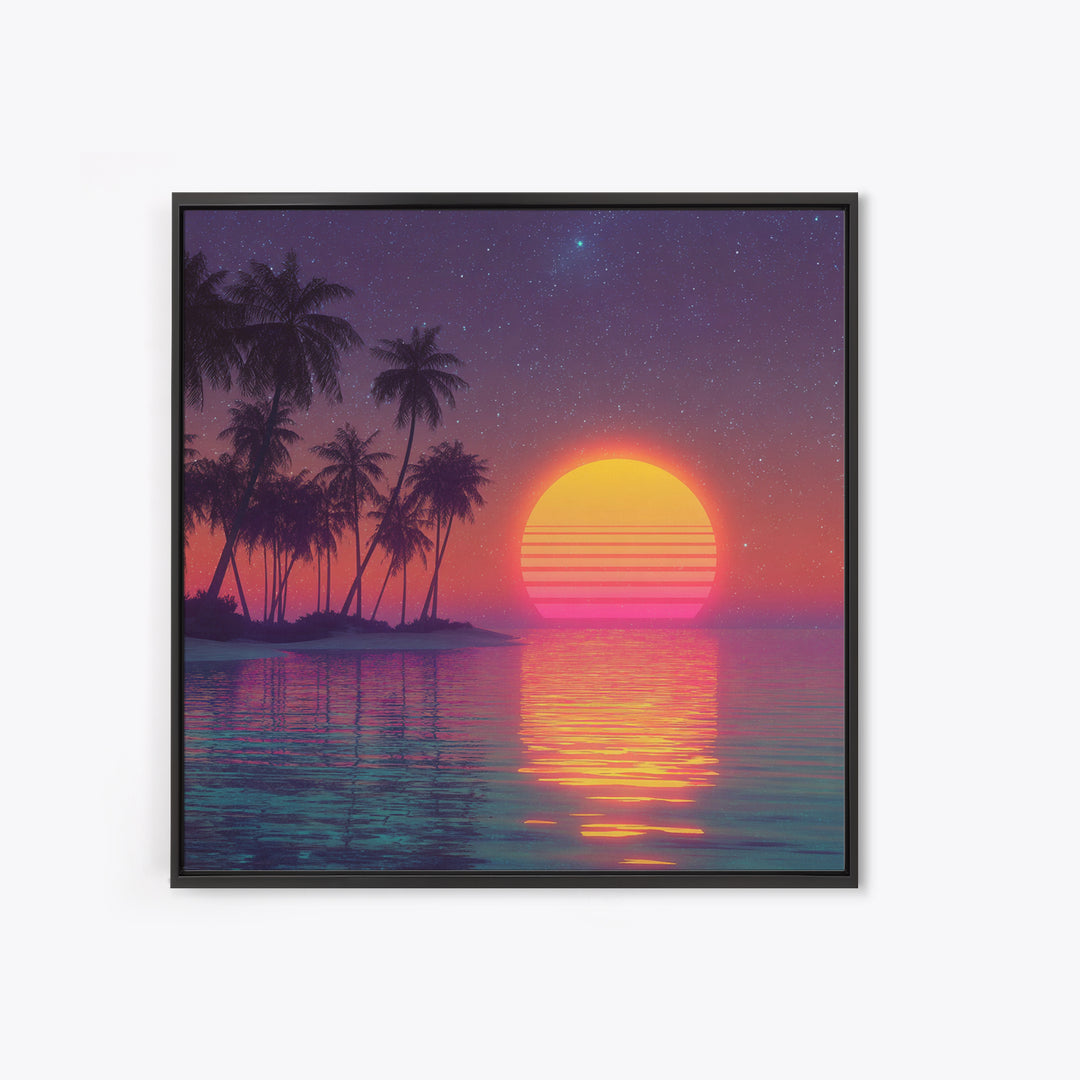 Neon Tropical Beach Palm Trees Retro Sunset Night Sky Wall Art Canvas Print Coastal Decor Bedroom Living Room Wall Art
