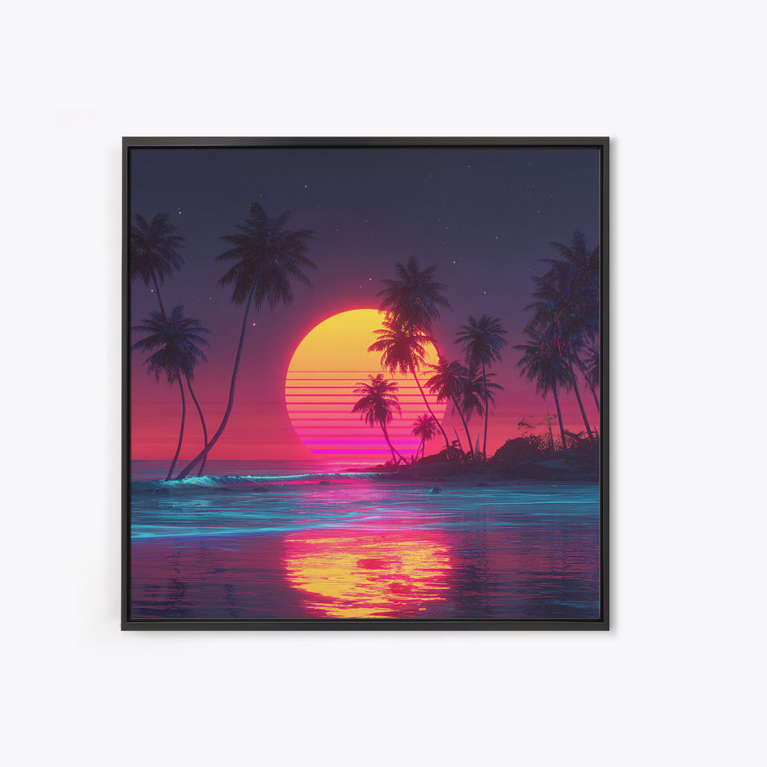 Neon Tropical Beach Sunset With Palms Wall Art, Retro Vaporwave Ocean Night Sky Canvas Print