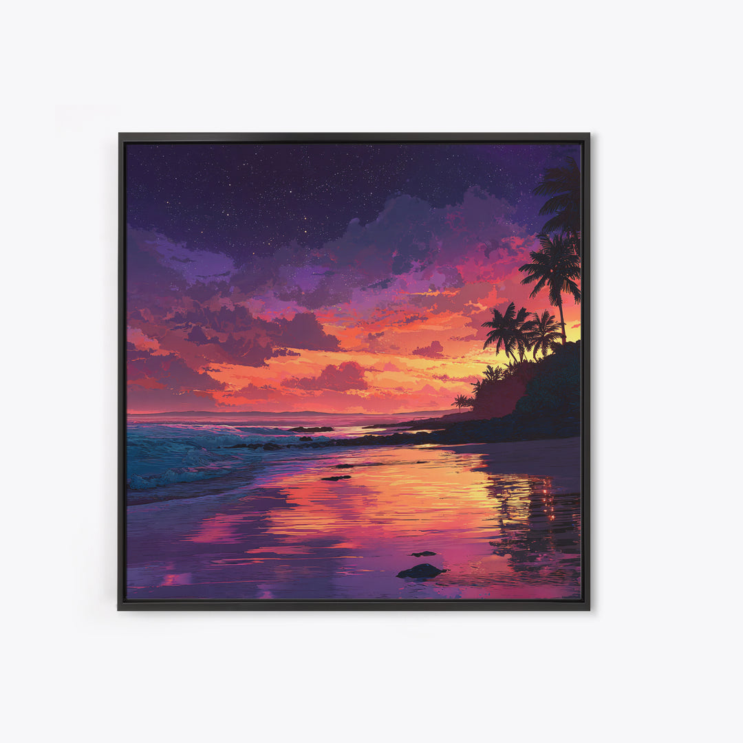 Vibrant Tropical Sunset Beach Wall Art, Colorful Coastal Ocean Painting Print, Summer Beach House Decor Living Room Wall Art