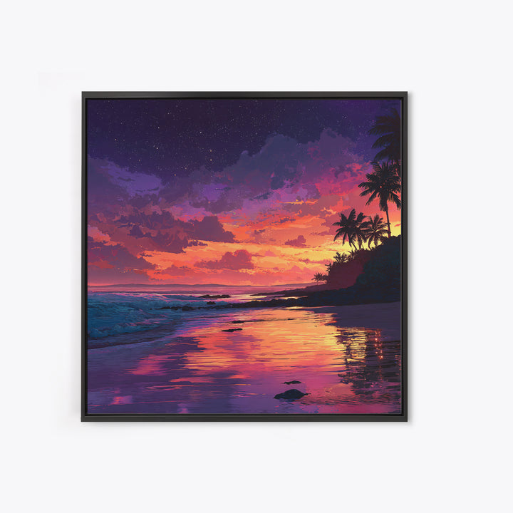 Vibrant Tropical Sunset Beach Wall Art, Colorful Coastal Ocean Painting Print, Summer Beach House Decor Living Room Wall Art