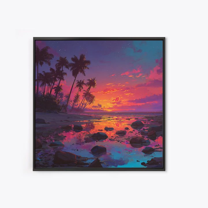 Serene Tropical Sunset With Palm Trees Reflection Over Water Vibrant Wall Art Framed Canvas Print For Coastal Home Decor