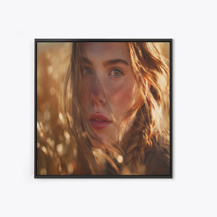 Golden Hour Portrait Of Woman Wall Art, Freckled Girl Close Up Painting, Feminine Modern Art Print, Bedroom Romantic Canvas
