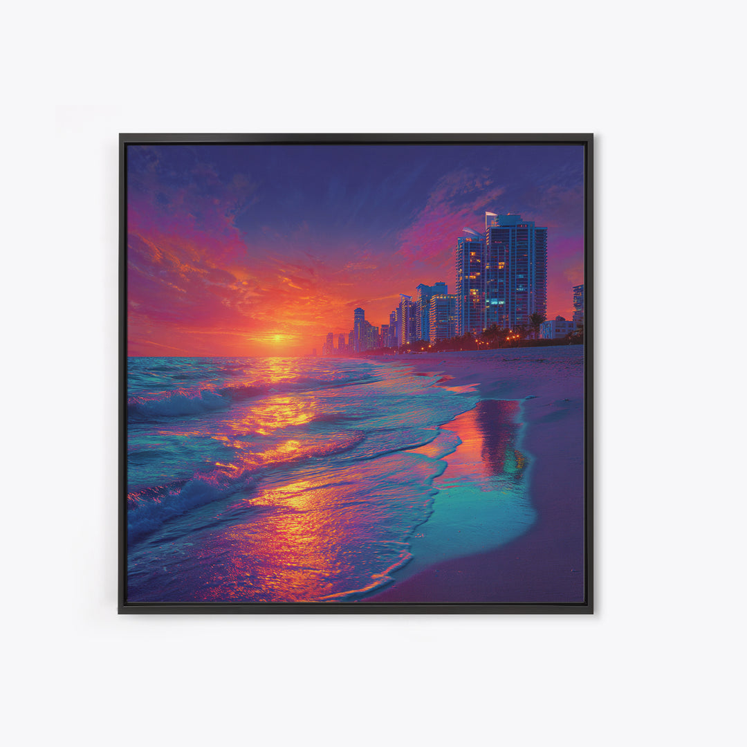 Vibrant City Beach Sunset Skyline Canvas Print, Colorful Coastal Wall Art, Modern Ocean Painting Living Room Home Decor