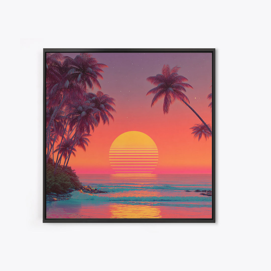 Retro Tropical Sunset Beach With Palm Trees Neon Wall Art, Colorful Coastal Canvas Print, Summer Room Decor