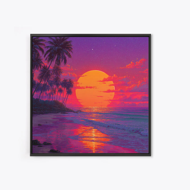 Vibrant Tropical Sunset Beach Wall Art, Palm Tree Ocean Horizon Print, Retro Coastal Summer Decor Canvas Print
