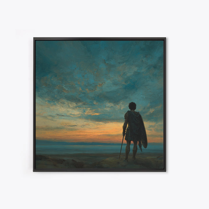 Dark Dramatic Sunset With Ancient Warrior Standing On Hill Wall Art Oil Painting Framed Canvas Print