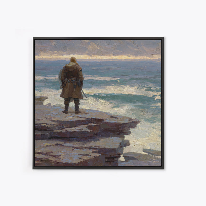Lone Warrior On Ocean Cliff, Moody Coastal Landscape Wall Art, Viking Seascape Canvas Print, Masculine Office Decor, Gift For Him