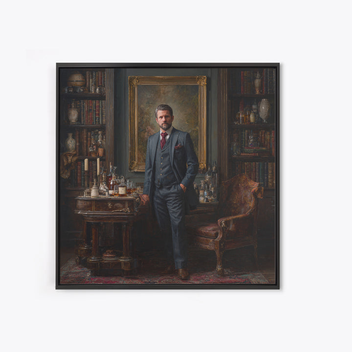 Dapper Gentleman In Antique Study Framed Canvas Print, Moody Portrait Oil Painting, Masculine Office Decor, Dark Academia Art