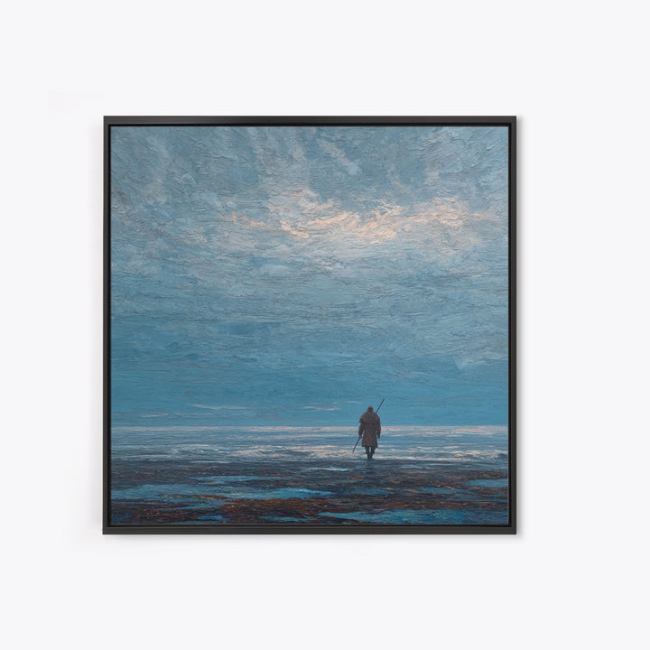Lone Wanderer Crossing Icy Blue Shore Canvas Print, Minimalist Seascape Art, Calming Wall Art, Serene Coastal Bedroom Decor