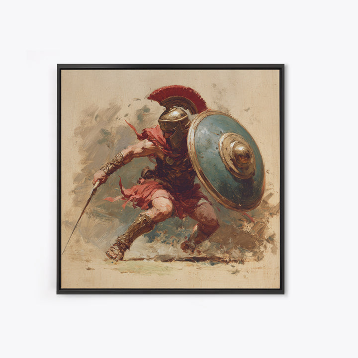 Spartan Warrior With Shield Wall Art, Red Plume Gladiator Action Painting, Bold Classical Canvas Print For Game Room Decor