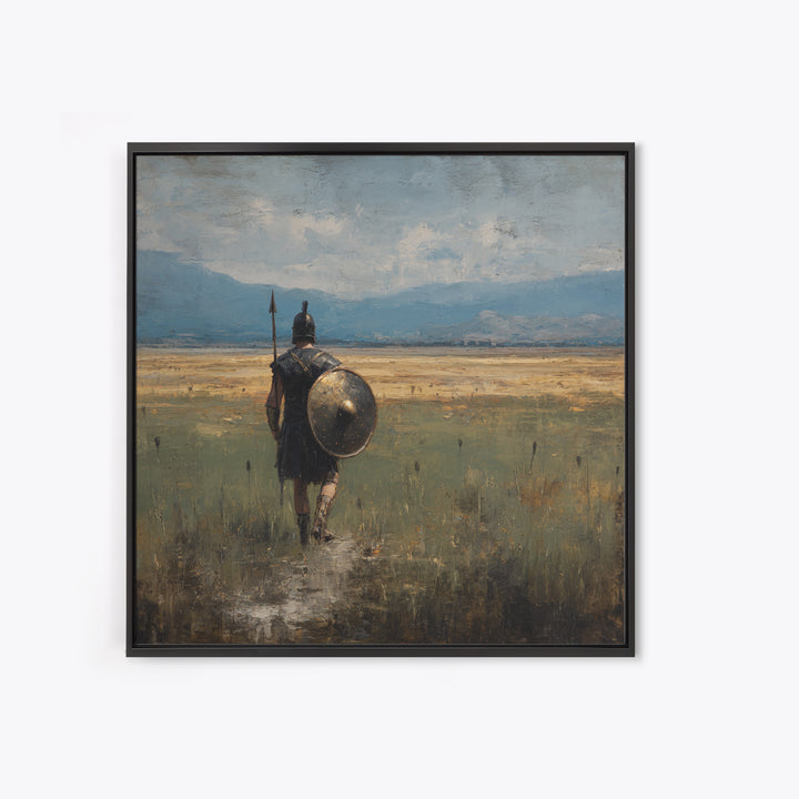 Lone Hoplite Crossing Golden Plains Wall Art, Ancient Greek Landscape Oil Painting, Historical Decor, Masculine Art Print