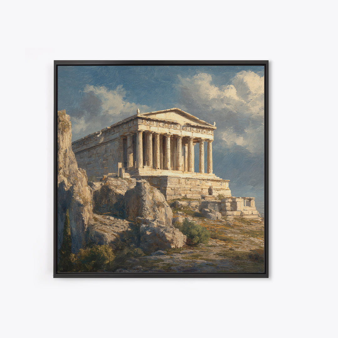 Sunlit Greek Temple On Rocky Acropolis Wall Art, Classical Architecture Oil Painting, Ancient Greece Decor, Fine Art Print