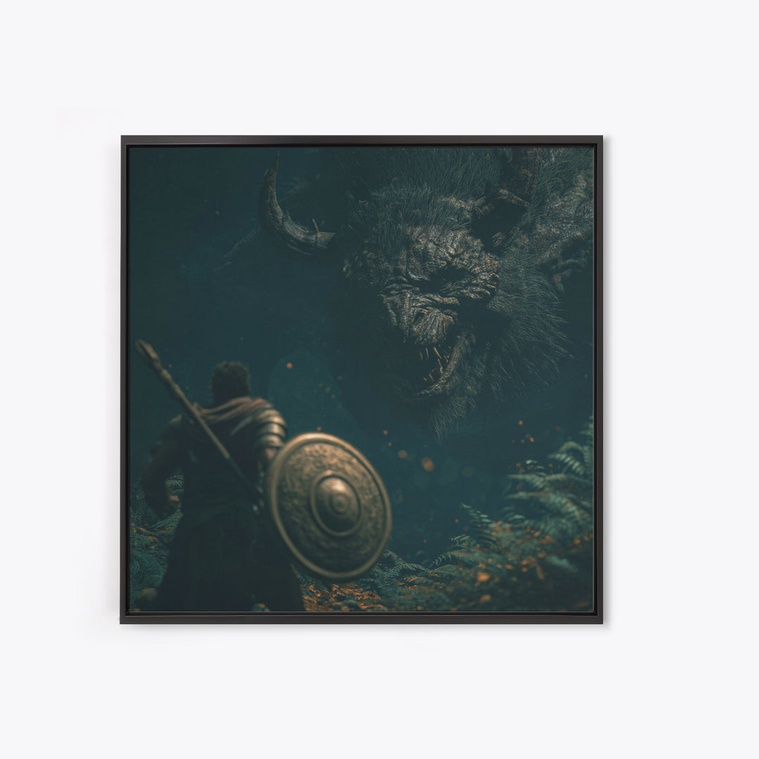 Hero Facing Giant Mythic Beast In Dark Forest Canvas Print, Fantasy Wall Art, Monster Art, Gothic Decor, Gift For Him, Dark Art